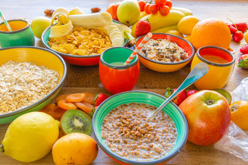 Colorful photo of different nutritious and healthy breakfast ingredients