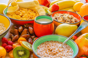 close-up of a healthy and nutritious breakfast of fruits, cereals