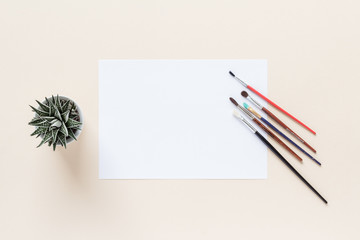 brush paper cactus desktop view with copy space for your text. flat lay.  ,