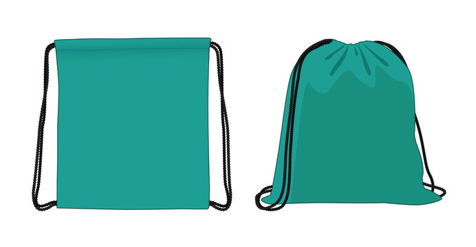 Blank drawstring bag, cyan foldable backpack, cloth bag, vector illustration sketch template