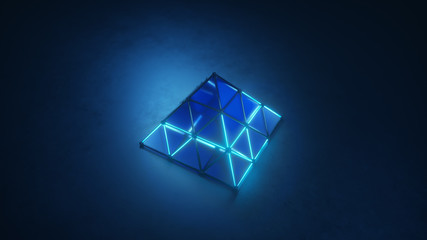 Blue glowing pyramid shape 3D render illustration
