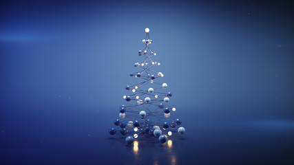 Blue wireframe mesh of christmas tree 3D render illustration