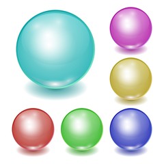 Set of vector realistic color plastic balls, shine spheres with patches of light isolated on white background. 3D illustration.