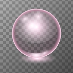 Vector realistic pink transparent glass ball, shine sphere or soup bubble on dark background. 3D illustration.
