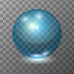 Vector realistic blue transparent glass ball, shine sphere or soup bubble with patch of light on dark background. 3D illustration.