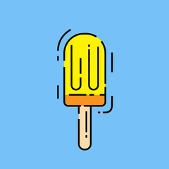Ice pop icon. Summer fruit popsicle symbol. Frozen lolly on stick isolated on blue background. Vector illustration.
