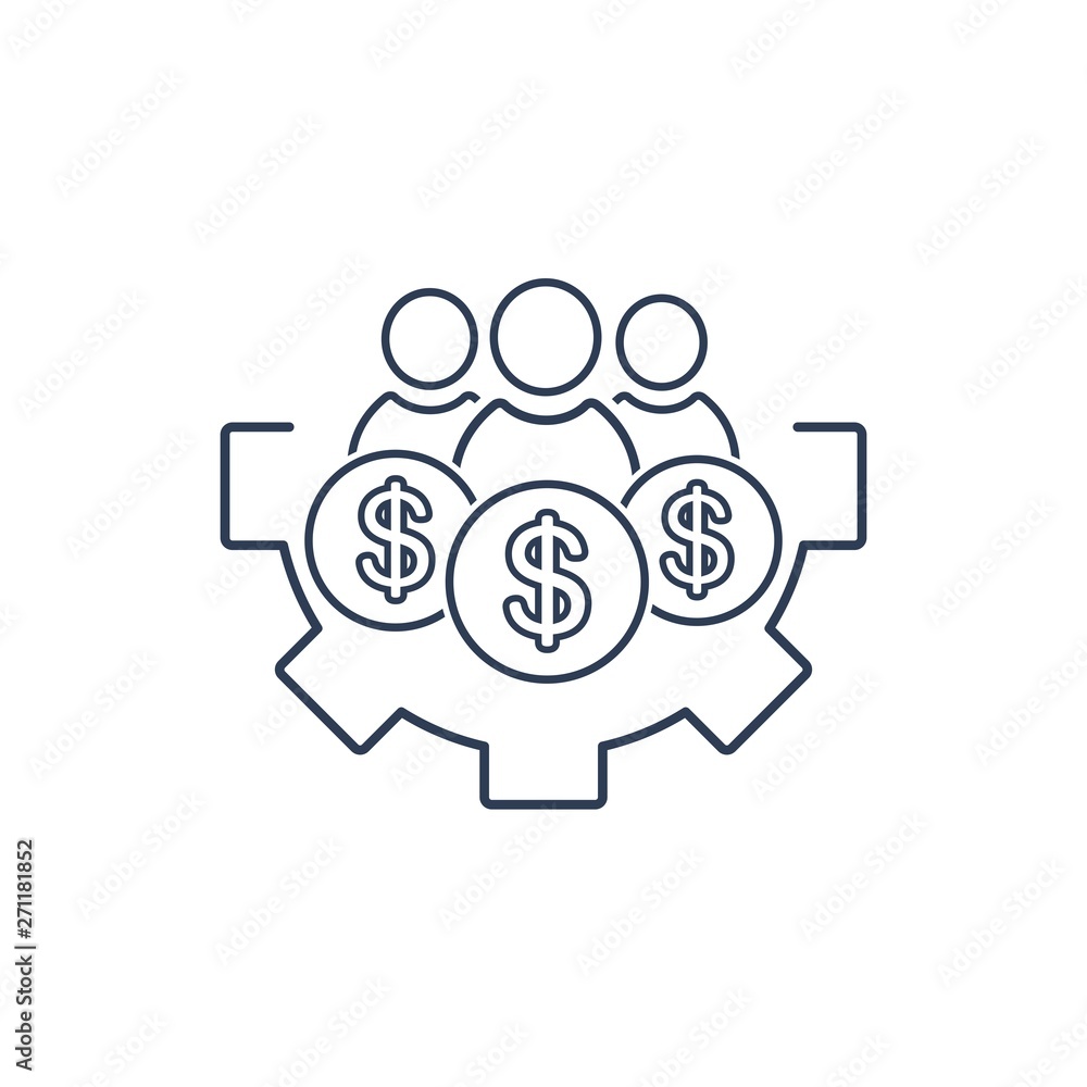 Poster financial group development, implementation of economic programs. vector linear icon.