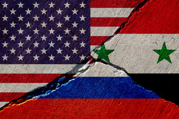 cracked concrete wall with painted united states, russia and syria flags