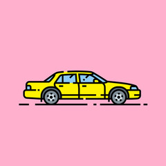Obraz premium Yellow car line icon. Simple motor vehicle graphic. Taxi cab symbol isolated on pink background. Vector illustration.