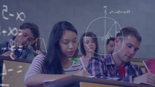 Students studying in a lecture hall and mathematical equations