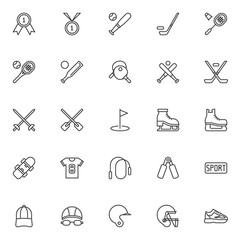 Sport equipment line icons set. linear style symbols collection, outline signs pack. vector graphics. Set includes icons as First place award medal, Baseball bat and ball, Hockey Stick and Puck, Golf 