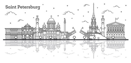 Outline Saint Petersburg Russia City Skyline with Historic Buildings and Reflections Isolated on White. - obrazy, fototapety, plakaty