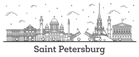 Fototapeta premium Outline Saint Petersburg Russia City Skyline with Historic Buildings Isolated on White.
