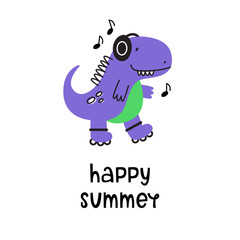 Happy summer. Vector illustration of a dinosaur on roller skates and headphones. Cartoon style.