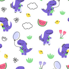 Vector seamless pattern with dinosaurs. Cartoon style. Children's print.