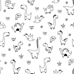 Vector seamless pattern-coloring book with dinosaurs. Cartoon style.