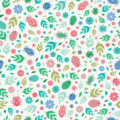 Seamless repeat pattern background of colourful beetles, leaves and flowers. A vector surface design of insects and flora ideal for a spring and summer design.