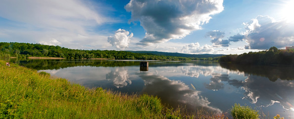 Blooming trees on a mountain lake in the open air against the background of the forest and mountains