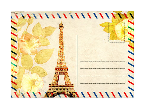 Vintage postcard with Eiffel Tower and rose flowers