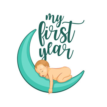 My first year. Hand lettering quotes to print on babies clothes, nursery decorations bags, posters, invitations, cards. Vector illustration. Photo overlay. Modern brush calligraphy isolated on white