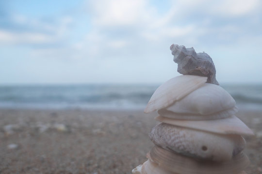 Stack of Sea shell at the beach with sea and blue sky on background Concept Zen, Spa . Blank space for text and images.