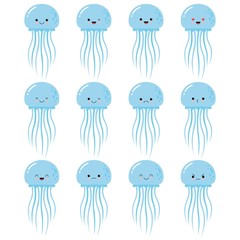 Set Vector Stock Illustrations isolated Emoji character cartoon jellyfish stickers emoticons with different emotions.
