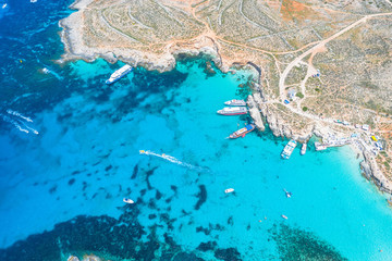 Fototapeta na wymiar Aerial view from the height of the heavenly Blue Lagoon on the island of Comino Malta
