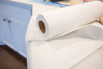 An unraveled paper towel roll on the kitchen counter
