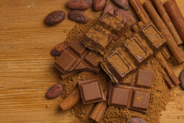 Cocoa beans, chocolate, cocoa powder and cinnamon on a wooden background