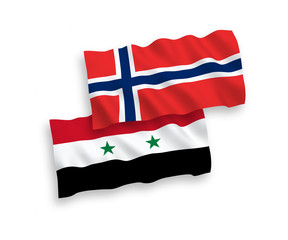 National vector fabric wave flags of Norway and Syria isolated on white background. 1 to 2 proportion.