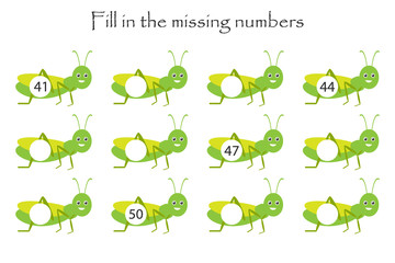 Game with grasshoppers for children, fill in the missing numbers, middle level, education game for kids, school worksheet activity, task for the development of logical thinking, vector illustration