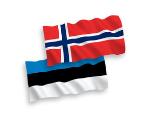 National vector fabric wave flags of Norway and Estonia isolated on white background. 1 to 2 proportion.