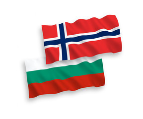 National vector fabric wave flags of Norway and Bulgaria isolated on white background. 1 to 2 proportion.