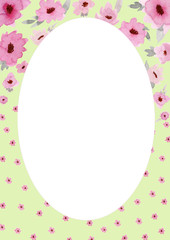 Fototapeta na wymiar Flowers composition. Oval green frame made of pink flowers and leaves with space for text.