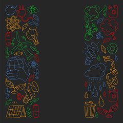 Vector logo, design and badge in trendy drawing style - zero waste concept, recycle and reuse, reduce - ecological lifestyle and sustainable developments icons, colorful on black background.