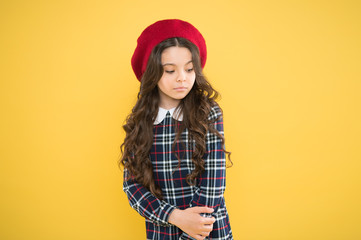Fashion girl. Fashionable accessory. Teenage fashion. French fashion. Child small girl happy smiling baby. Happy childhood. Pure beauty. Kid little cute fashion girl posing with long hair and hat
