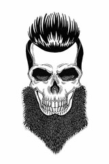 Fototapeta premium Monochrome illustration barbershop of skull with beard, mustache, hipster haircut and on white background, cartoon, angry, beautiful, brutal.