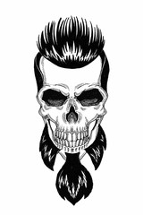 Monochrome illustration barbershop of skull with beard, mustache, hipster haircut and on white background, cartoon, angry, beautiful, brutal.
