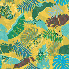 Tropical leaves seamless pattern, palm, monstera, banana, jungle leaf floral summer background with texture, colorful illustration