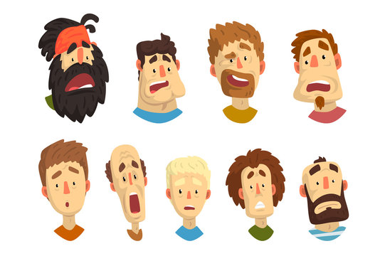 Flat vector set of male portraits with surprised and shocked facial expressions. Young guys and adult men. Cartoon people characters
