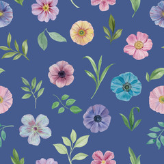 Seamless watercolor flowers pattern. Hand painted flowers for design. Colorful botanical pattern. Ornament flowers. Seamless botanical watercolor exotic floral pattern.