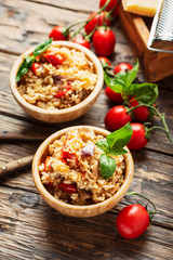 Vegetaian rice with onion, tomato and eggplant
