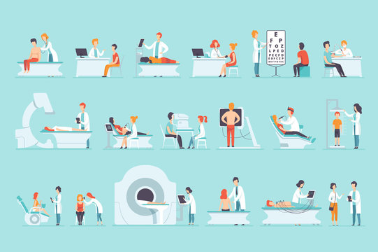 Flat vector set of people on medical examination. Doctors and patients. Professionals at work. Healthcare and treatment.