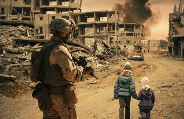 Military soldier is following two homeless girls.