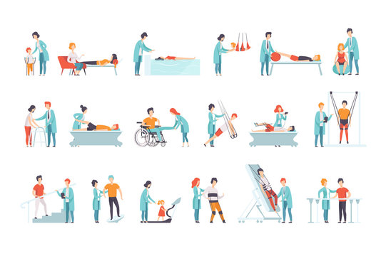 Flat vector set of people on rehabilitation. Physiotherapy clinic. Doctors working with patients. Healthcare and treatment