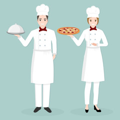 Chef with pizza character people icon illustration