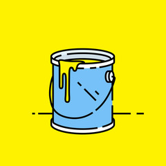 Open paint can icon. Blue paint bucket isolated on yellow background. Color drip from tin. Vector illustration.