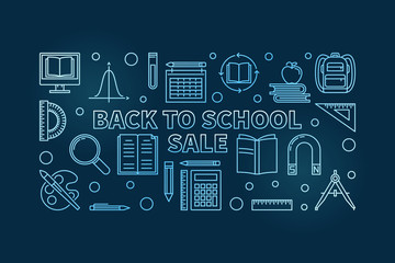 Fototapeta na wymiar Vector Back to School Sale blue concept linear horizontal banner or illustration on dark background