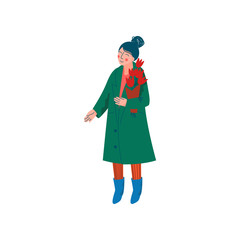 Beautiful Woman Dressed in Green Coat and Knitted Hat Standing with Bouquet of Spring Flowers Vector Illustration