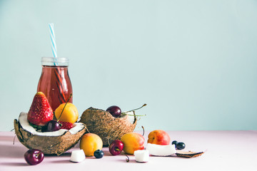 Summer light food of fruits, berries and cool drink background